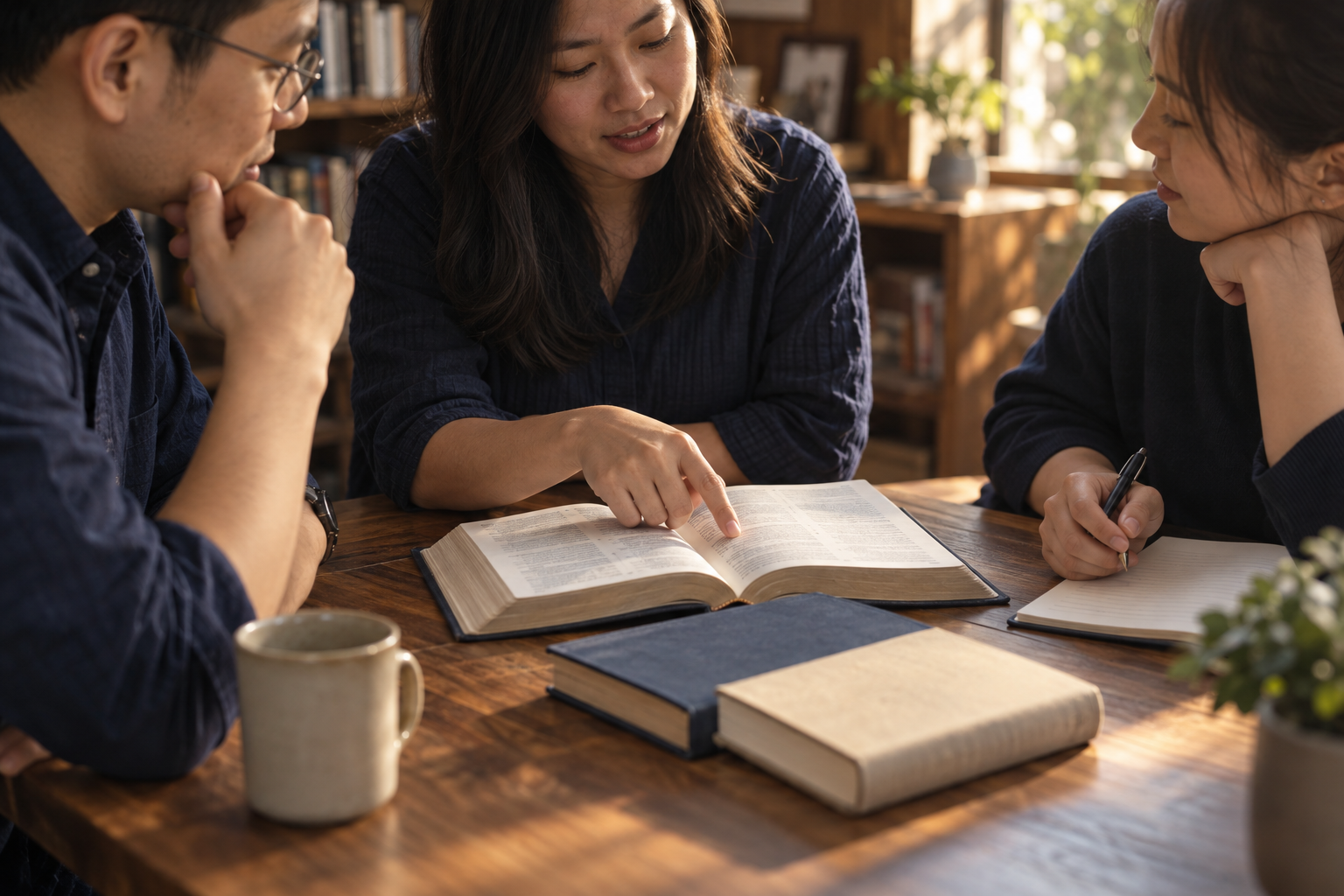 Illustrative scene of a small group reading and discussing a Bible together